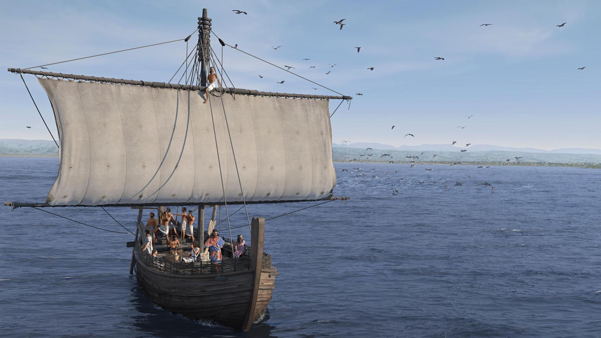 Ein offenes Holzschiff mit breitem Segel und elf Männern an Bord auf dem Meer, vor einem Küstenstreifen