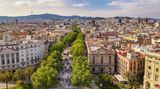 Barcelona Spain, high angle view city skyline at La Rambla street