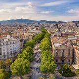 Barcelona Spain, high angle view city skyline at La Rambla street