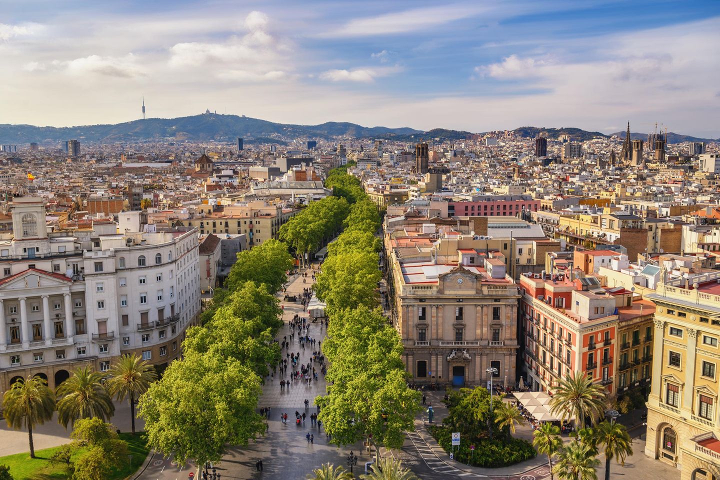 Barcelona Spain, high angle view city skyline at La Rambla street