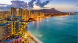 Waikiki Beach in Honolulu An aerial view of Waikiki Beach, Oahu, Hawaii at night