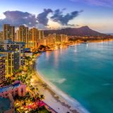 An aerial view of Waikiki Beach, Oahu, Hawaii at night