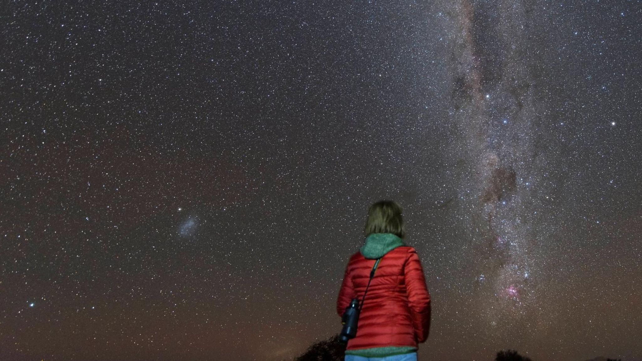 Frau schaut in den nächtlichen Sternenhimmel