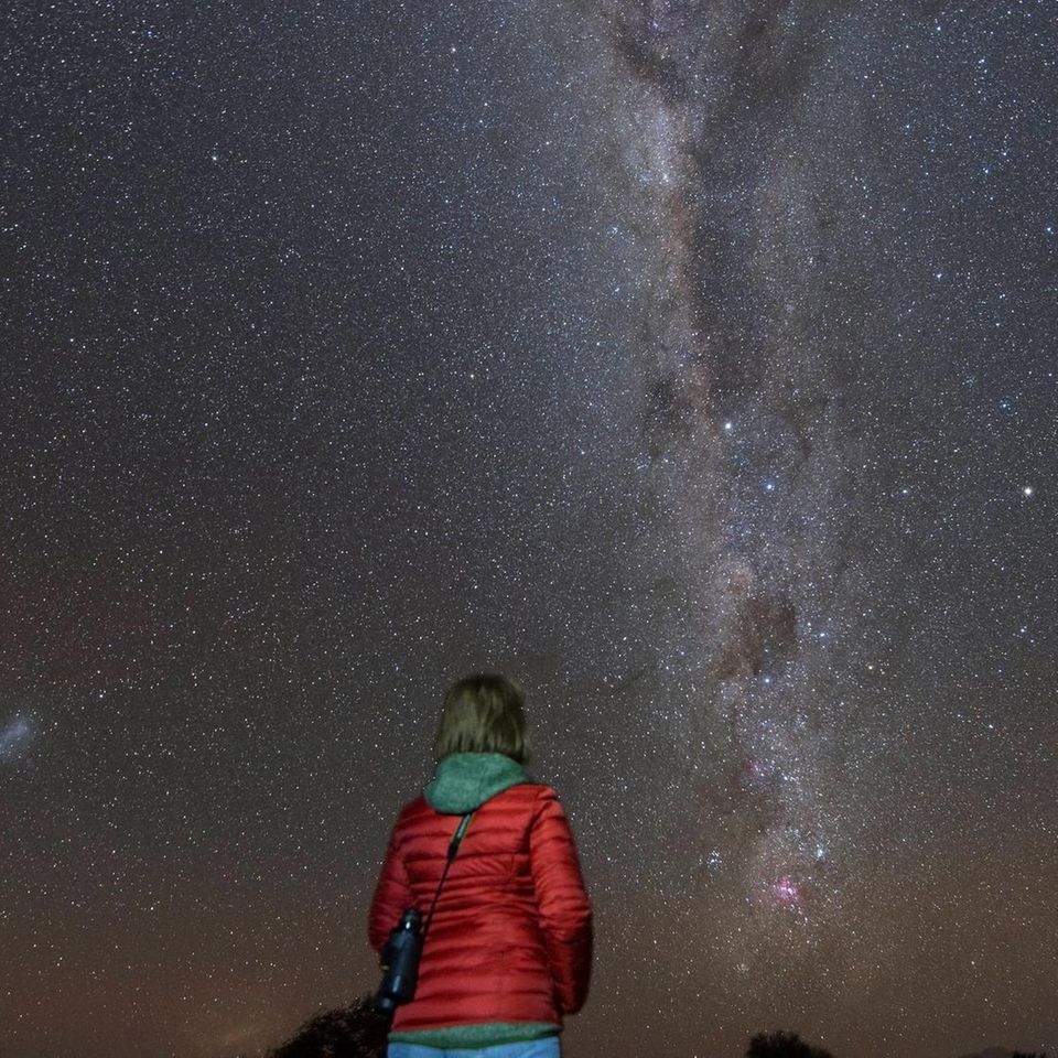 Frau schaut in den nächtlichen Sternenhimmel