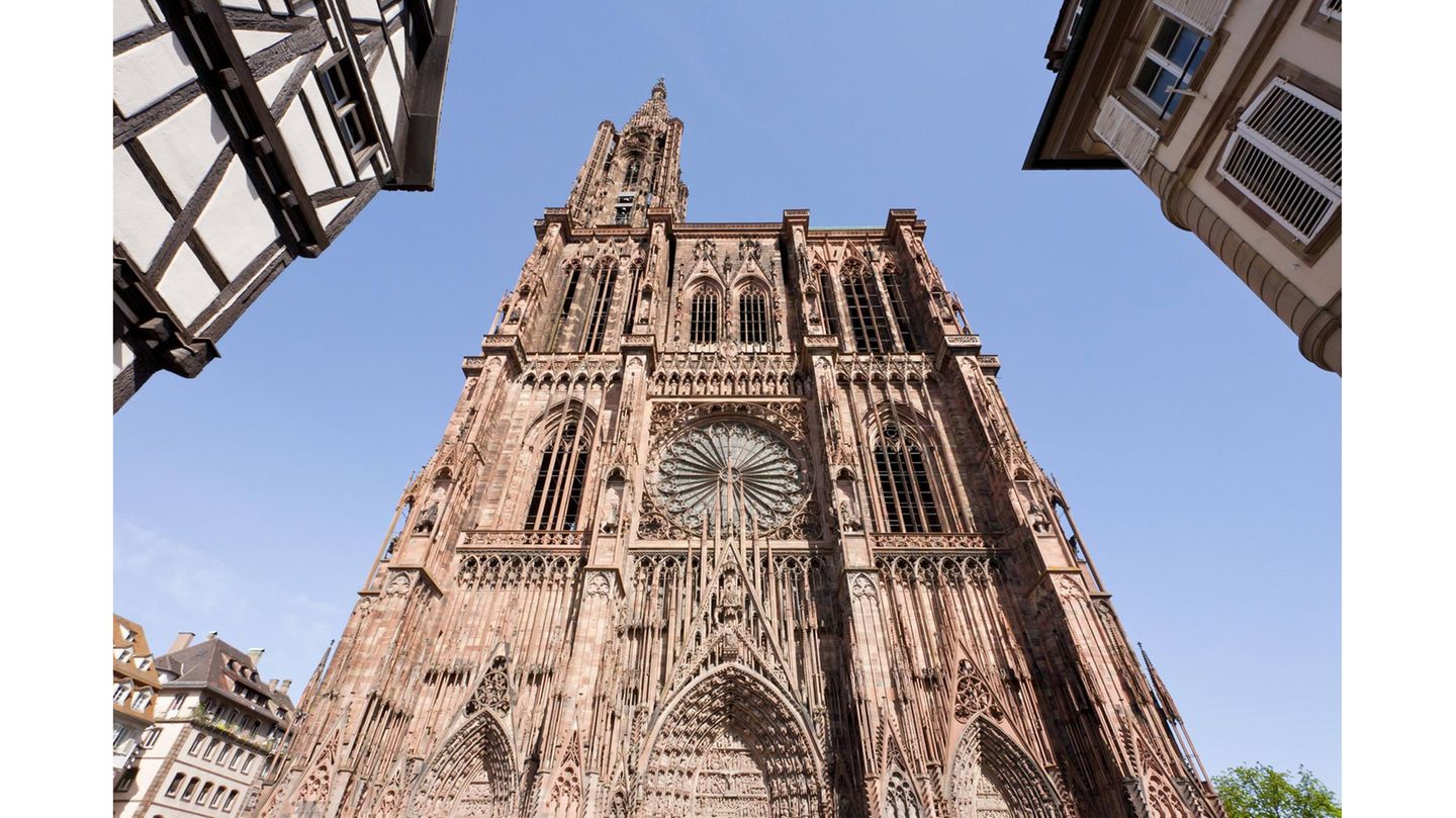 Das Wahrzeichen der Region: Notre Dame Blick von unten auf eine Kathedrale aus Rotsandstein