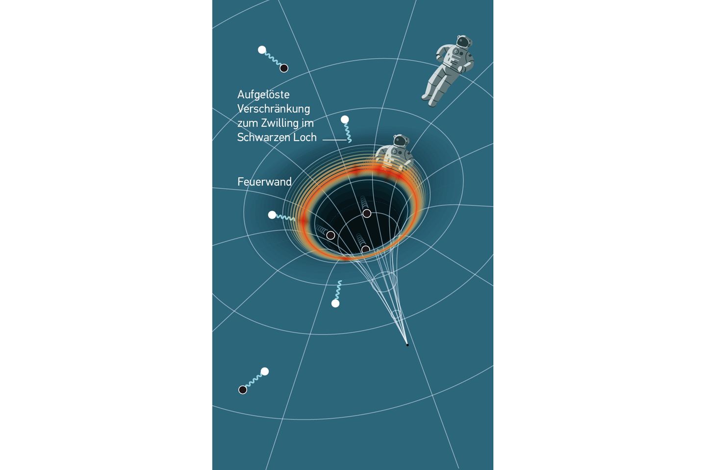 Zwischen Teilchen und Antiteilchen besteht eine unsichtbare Verbindung. Reißt diese am Ereignishorizont, werden enorme Energien frei: so entsteht die "Feuerwand". Immerhin: Die Information des Antiteilchens bleibt mit dem Flucht-Teilchen erhalten. Stimmt diese Hypothese, würden Astronaut*innen am Ereignishorizont förmlich gegrillt