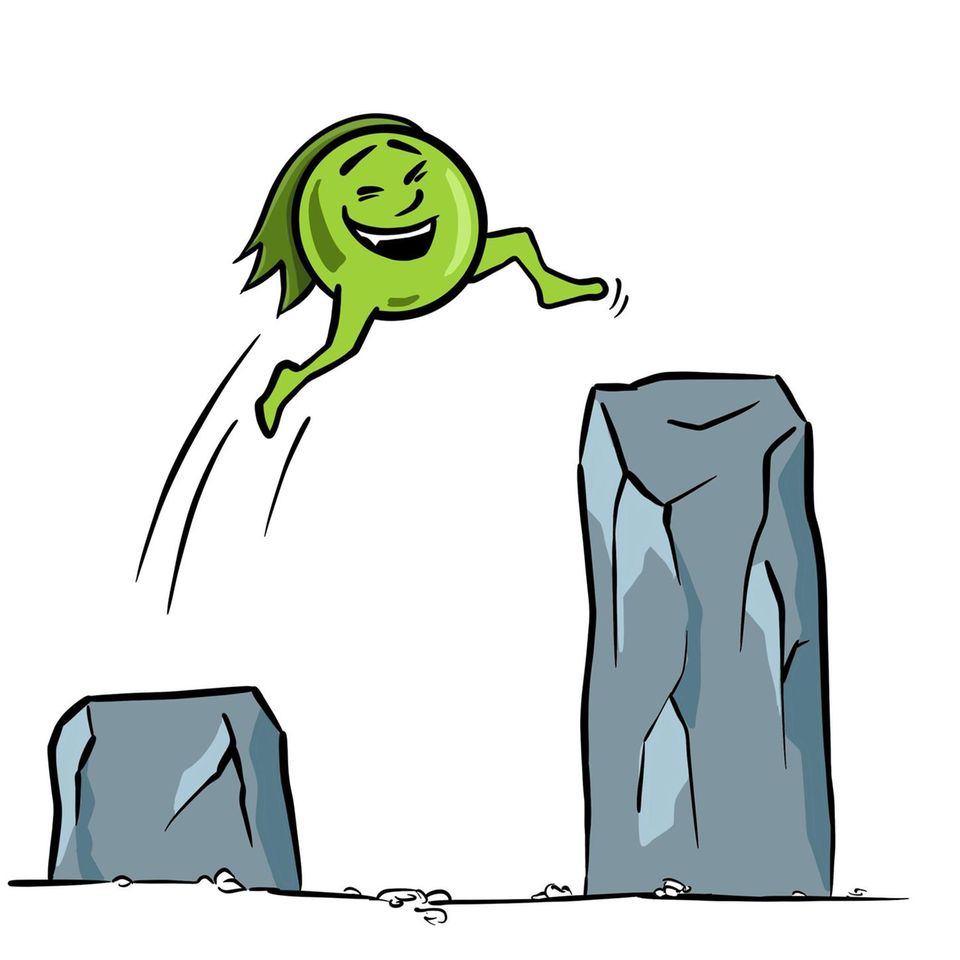 Teilchen springt von einem niedrigen auf einen hohen Felsen Teilchen springt von einem niedrigen auf einen hohen Felsen