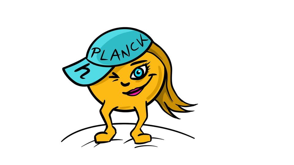 Teilchen mit "h" als Schatten und Teilchen mit Käppi, das den Schriftzug "Planck" trägt Teilchen mit "h" als Schatten und Teilchen mit Käppi, das den Schriftzug "Planck" trägt