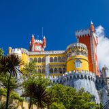 Palace of Pena in Sintra. Lisbon, Portugal. Travel Europe, holidays in Portugal. Panoramic View Of Pena Palace, Sintra, Portugal. Pena National Palace, Sintra, Portugal.