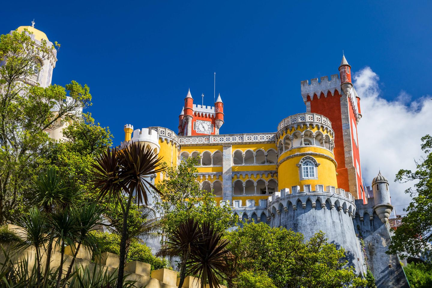 Palace of Pena in Sintra. Lisbon, Portugal. Travel Europe, holidays in Portugal. Panoramic View Of Pena Palace, Sintra, Portugal. Pena National Palace, Sintra, Portugal.