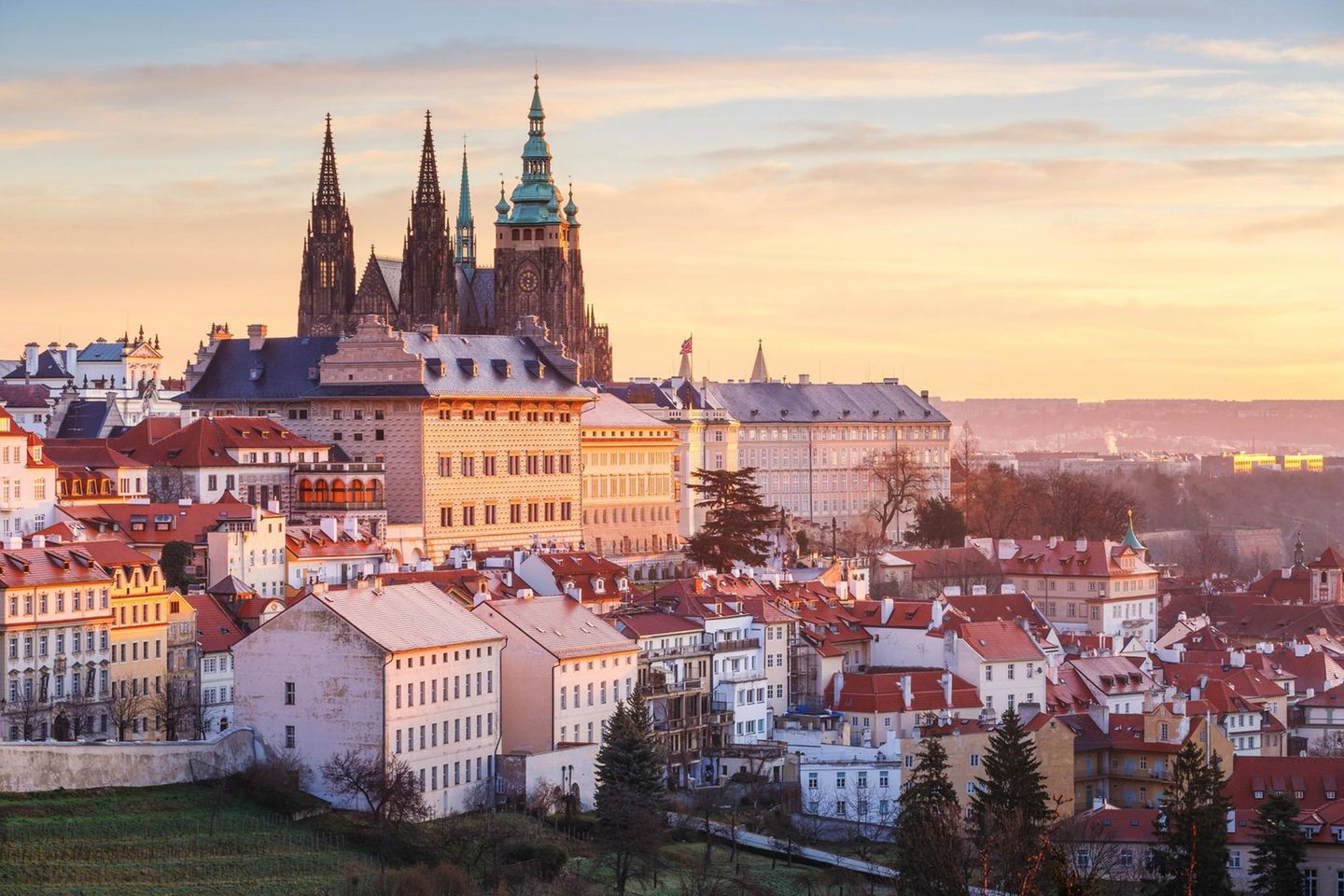 Sunrise view of Prague castle from Petrin Hill, Czech Republic.