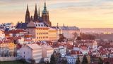 Sunrise view of Prague castle from Petrin Hill, Czech Republic.