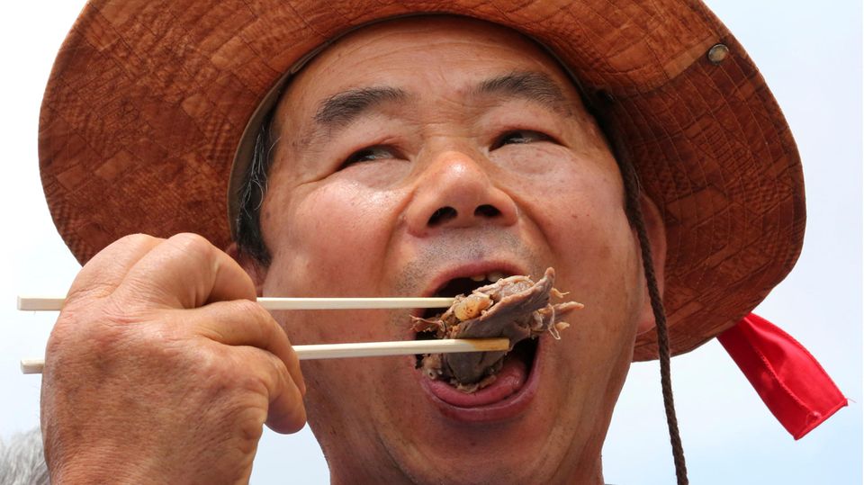 Ein Mann isst ein Stück Fleisch mit Stäbchen