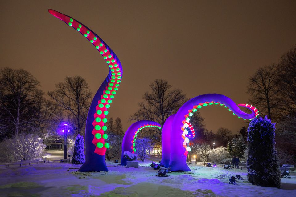 Bunte künstliche Tintenfisch-Tentakel ragen in einem winterlichen Park in den Nachthimmel 1.5175
