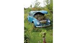 Man sieht einen alten VW-Käfer, die Kühlerhaube ist aufgeklappt, dort wachsen Pflanzen.