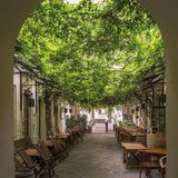 Torbogen, Blick in Hinterhof mit Tischen und Stühlen und einem begrünten Blätterdach.