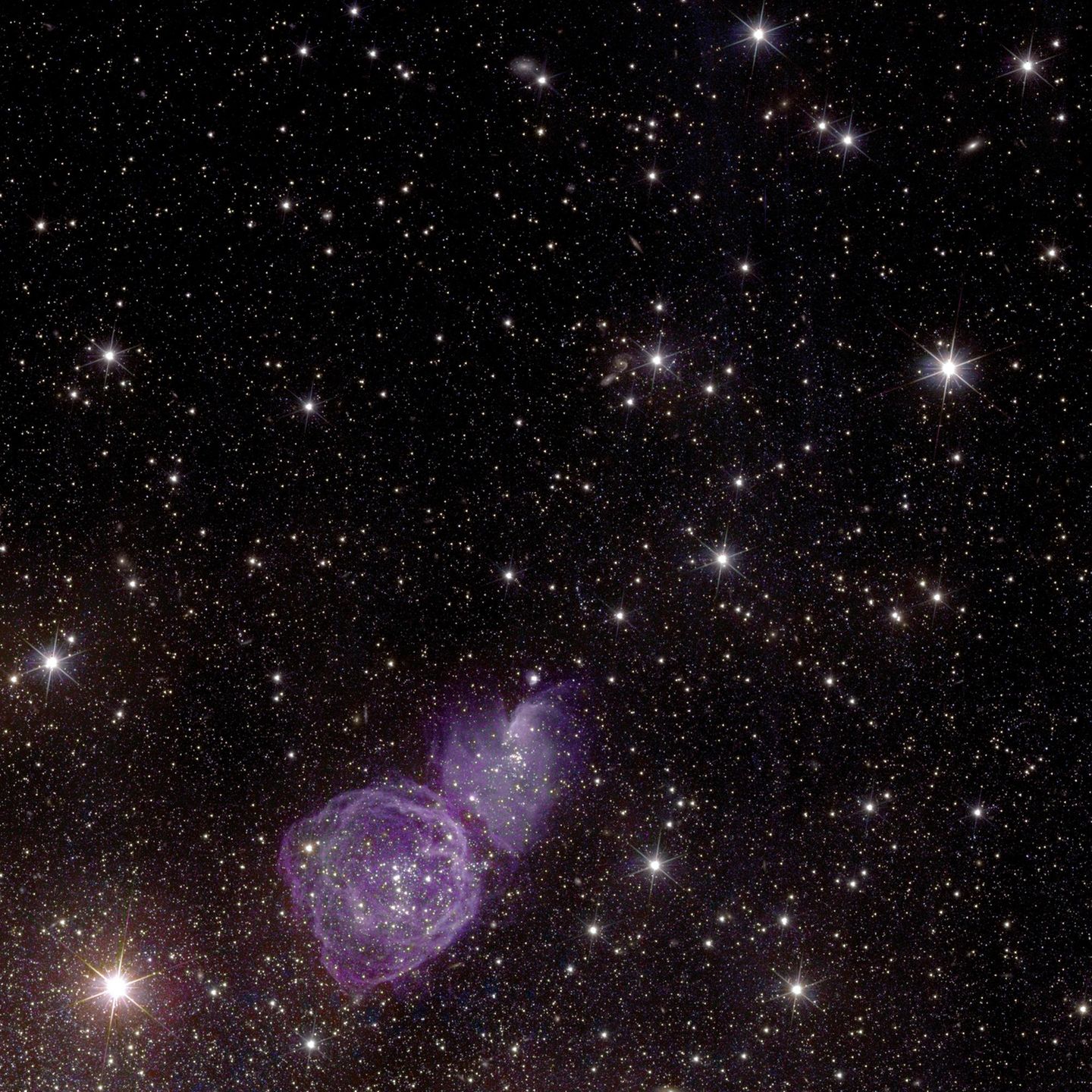 NGC 6822: Ein neuer Blick auf altbekannte Zwerge (Ausschnitt) Die Sterne von NGC 6822 enthalten nicht nur Wasserstoff und Helium, sondern auch schwerere Elemente, die erst während eines Sternenlebens durch Kernfusion entstehen. Mit den Aufnahmen wollen die Forschenden des Euclid-Konsortiums erforschen, wie sich Galaxien im frühen Universum gebildet haben. Außerdem haben Wissenschaftler*innen bereits Kugelsternhaufen auf der Aufnahme entdeckt, teilte die Esa: Tausende Sterne, die von der Schwerkraft zusammengehalten werden. "Sie gehören zu den ältesten Objekten des Universums, viele ihrer Sterne stammen aus derselben Wolke", heißt es in einer Mitteilung der Weltraumorganisation. In den Aufnahmen könnten Hinweise zur Entstehung der Kugelsternhaufen enthalten sein.