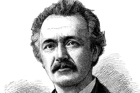 Ein Mann mit Schnurrbart und hoher Stirn: der Abenteurer und Troja-Jäger Heinrich Schliemann, Stich, 19. Jahrhundert