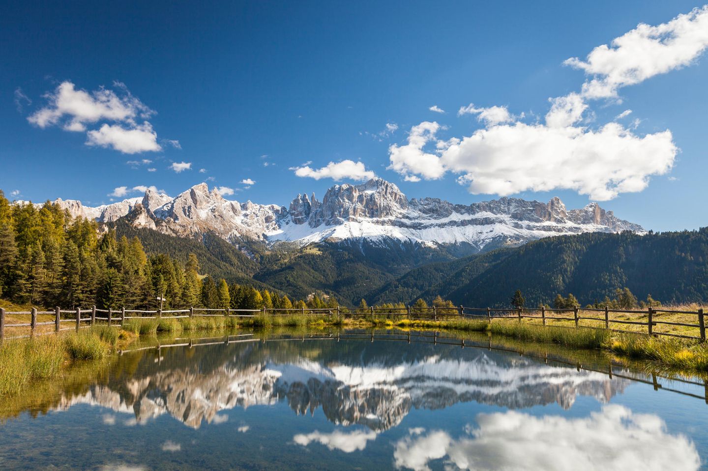 Seeufer mit Wiesen und ein paar Bäumen, verschneite Berge, die sich natürlich auch im Wasser spiegeln.