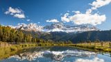 Seeufer mit Wiesen und ein paar Bäumen, verschneite Berge, die sich natürlich auch im Wasser spiegeln.