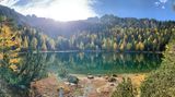 Herbstlicher Wald und Hänge im Hintergrund, alles spiegelt sich im See, Seeufer mit Pflanzen und Erde.
