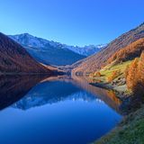 Herbstlicher Wald mit Almen, weiter hinten Schneegipfel, der See liegt unten.