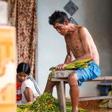 Ein Mann schneidet Blätter