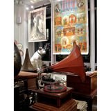 Grammophon mit Hundestatue, alte Filmplakate an der Wand.