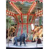 Karussell mit Lichterketten, man sieht die Tiere, vorne den Gorilla.