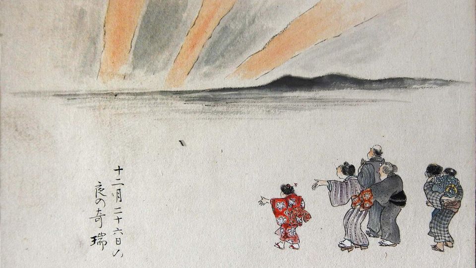 Japanische Zeichnung: Menschen schauen auf Polarlichter Japanische Zeichnung: Menschen schauen auf Polarlichter