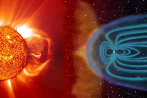 Illustration: Darstellung eines Sonnensturms und dessen Auswirkungen auf das Magnetfeld der Erde.