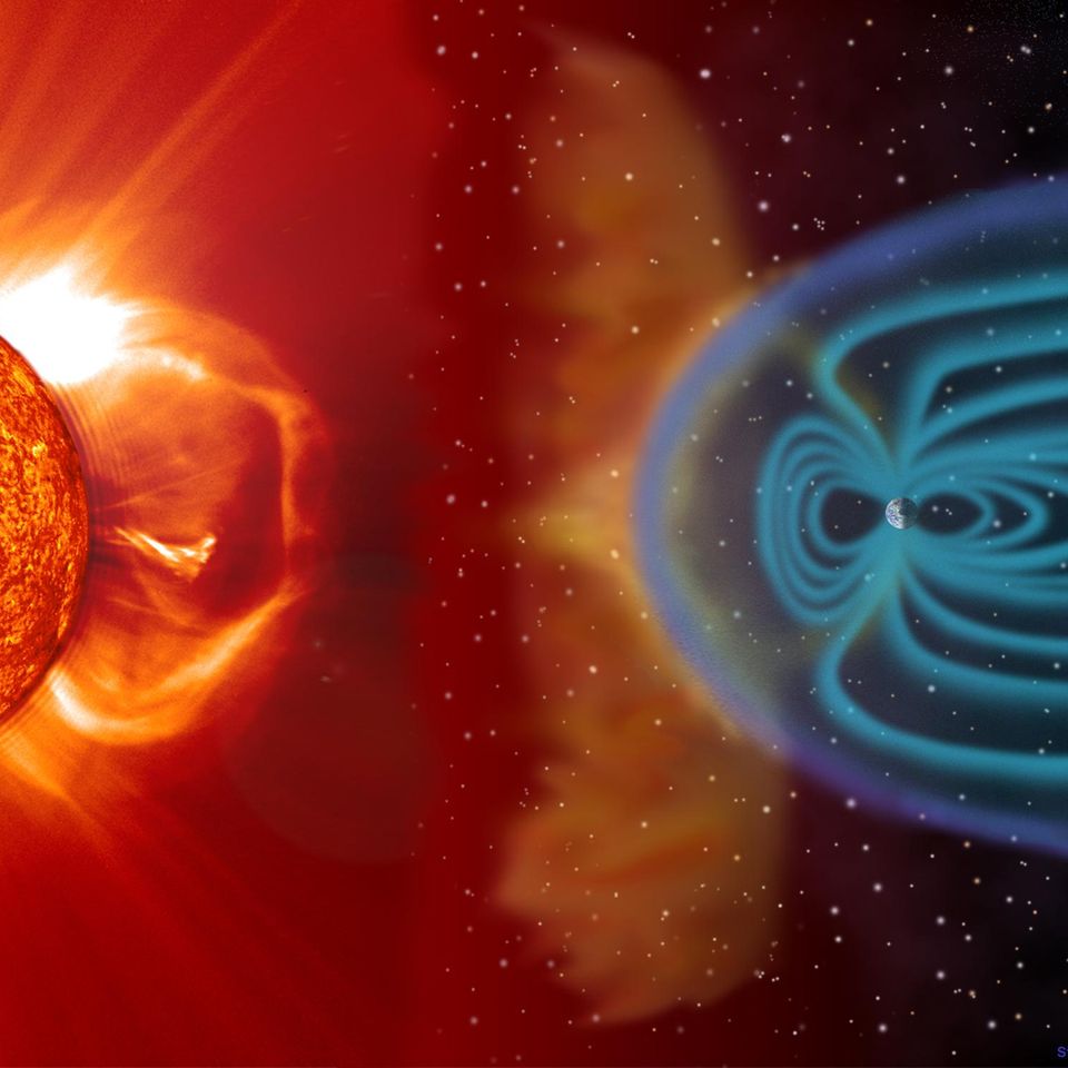 Illustration: Darstellung eines Sonnensturms und dessen Auswirkungen auf das Magnetfeld der Erde.