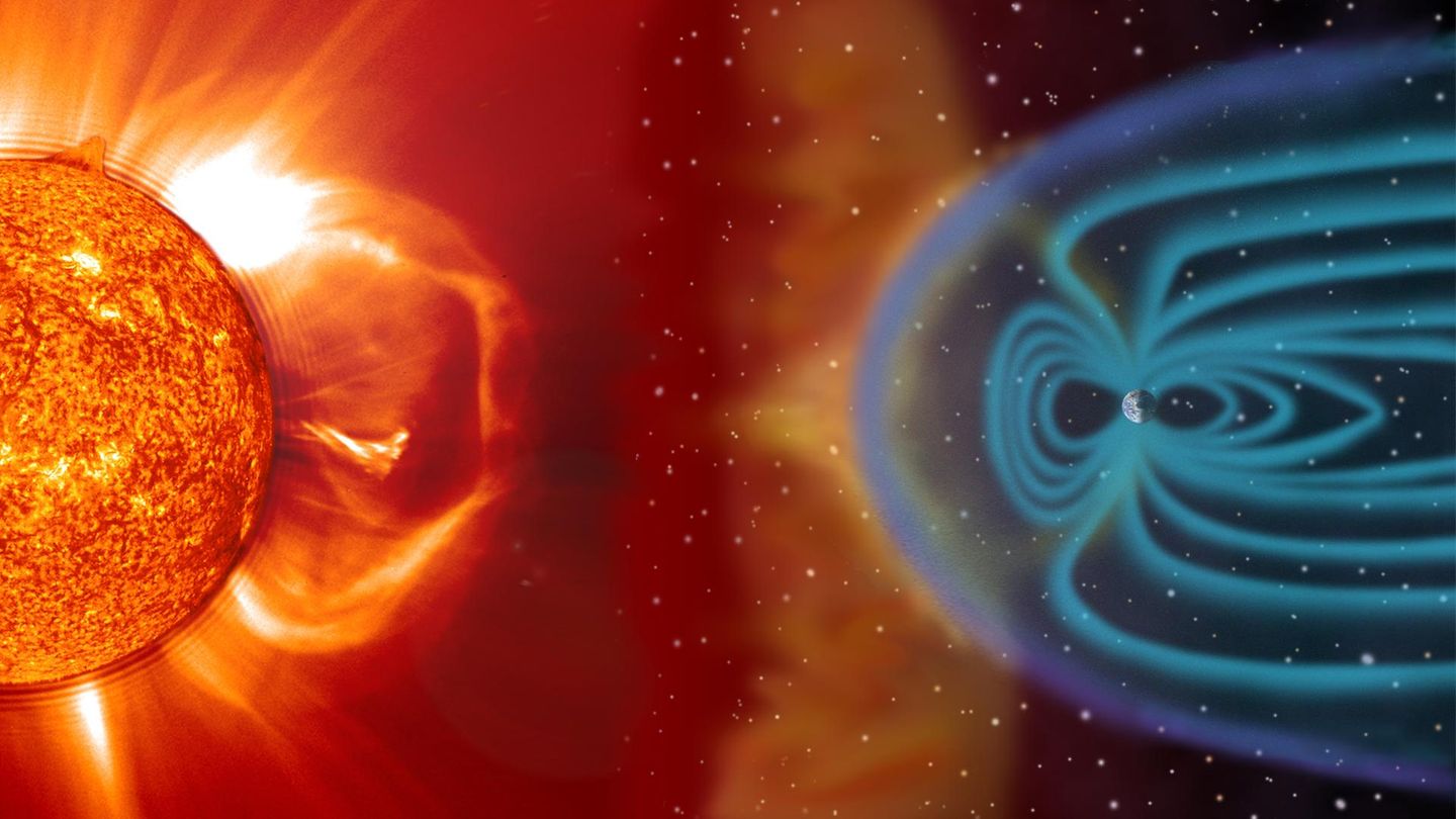 Illustration: Darstellung eines Sonnensturms und dessen Auswirkungen auf das Magnetfeld der Erde.