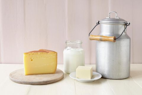 Milchprodukte: Käse, Joghurt, Butter und Milchkanne