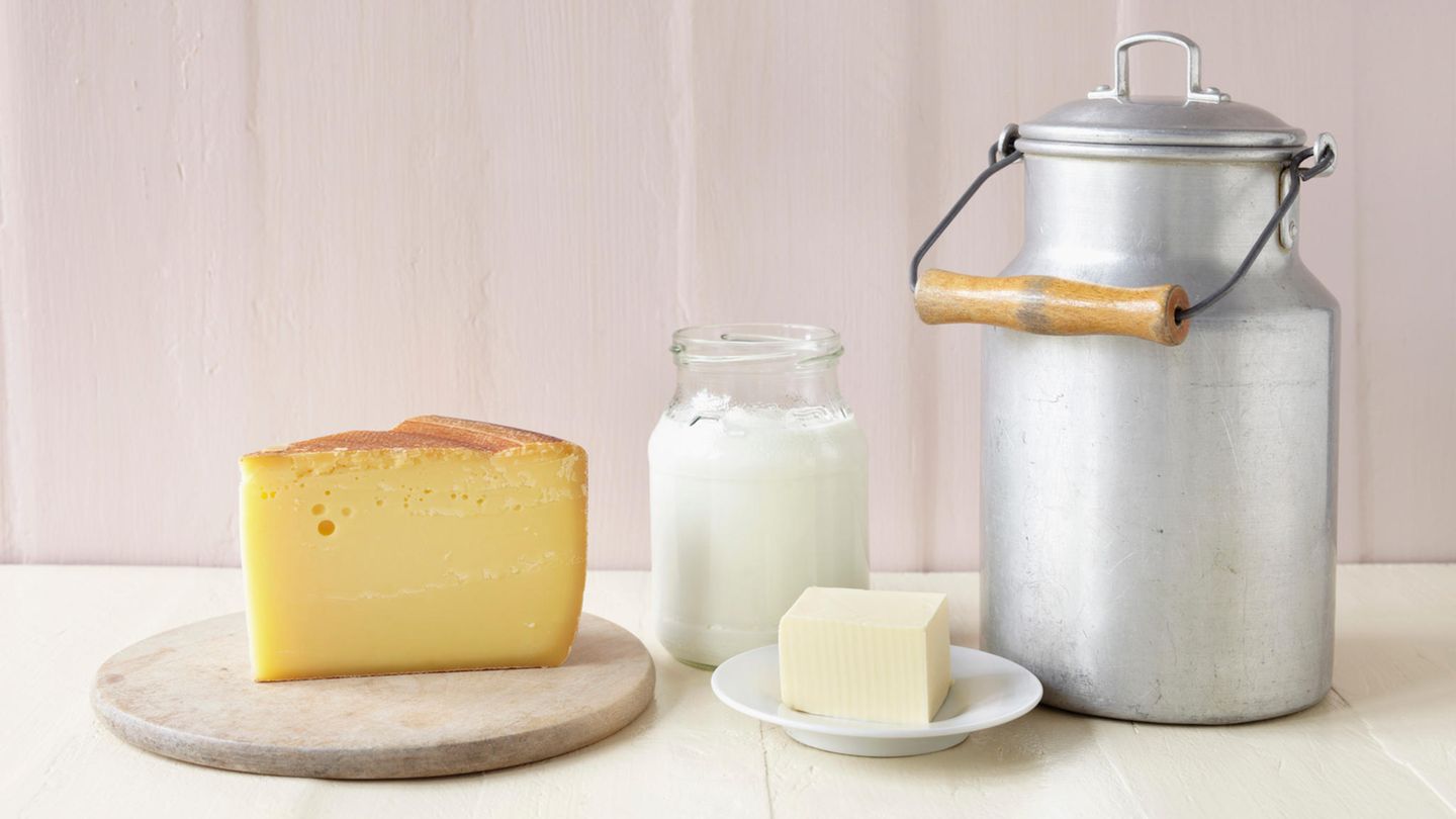 Milchprodukte: Käse, Joghurt, Butter und Milchkanne