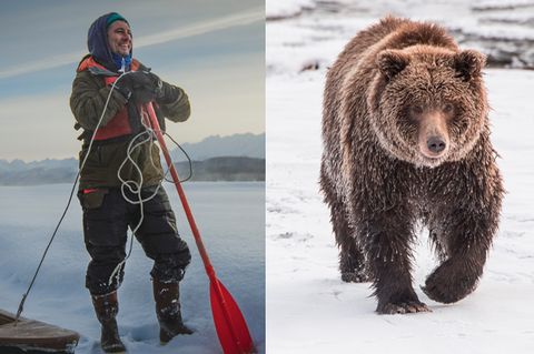 Mann mit Paddel im Schnne, gegenüber ein Braunbär