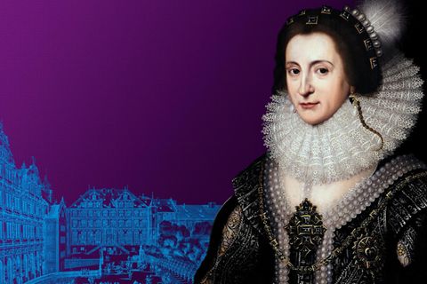 Porträt von Elisabeth Stuart mit prächtigem dunklen Kleid und weißem Spitzenkragen