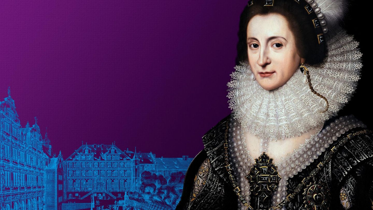 Porträt von Elisabeth Stuart mit prächtigem dunklen Kleid und weißem Spitzenkragen