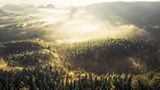 Trockental "Kleiner Zschand" liegt im Nebel und Sonnenlicht fällt über die Szenerie