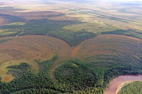 Blick von oben auf eine Flusslandschaft mit auffällig runden Geländeformationen