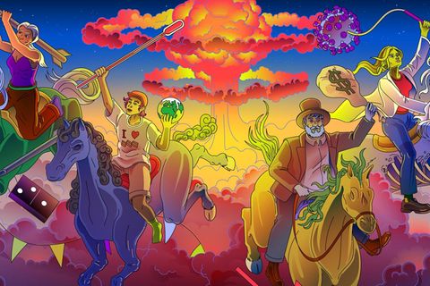 Apokalypse: Schon der biblische Prophet Johannes beschrieb vier Apokalyptische Reiter, die Verderben über die Welt bringen. Heute ängstigen uns Krieg und Klimakrise, Pleiten und Seuchen Schon der biblische Prophet Johannes beschrieb vier Apokalyptische Reiter, die Verderben über die Welt bringen. Heute ängstigen uns Krieg und Klimakrise, Pleiten und Seuchen