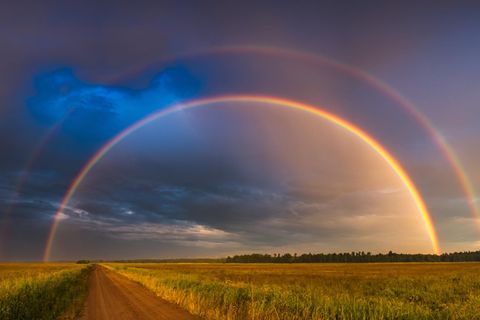 Doppelter Regenbogen über einem Feld zur Frage: Wie entsteht ein Regenbogen?