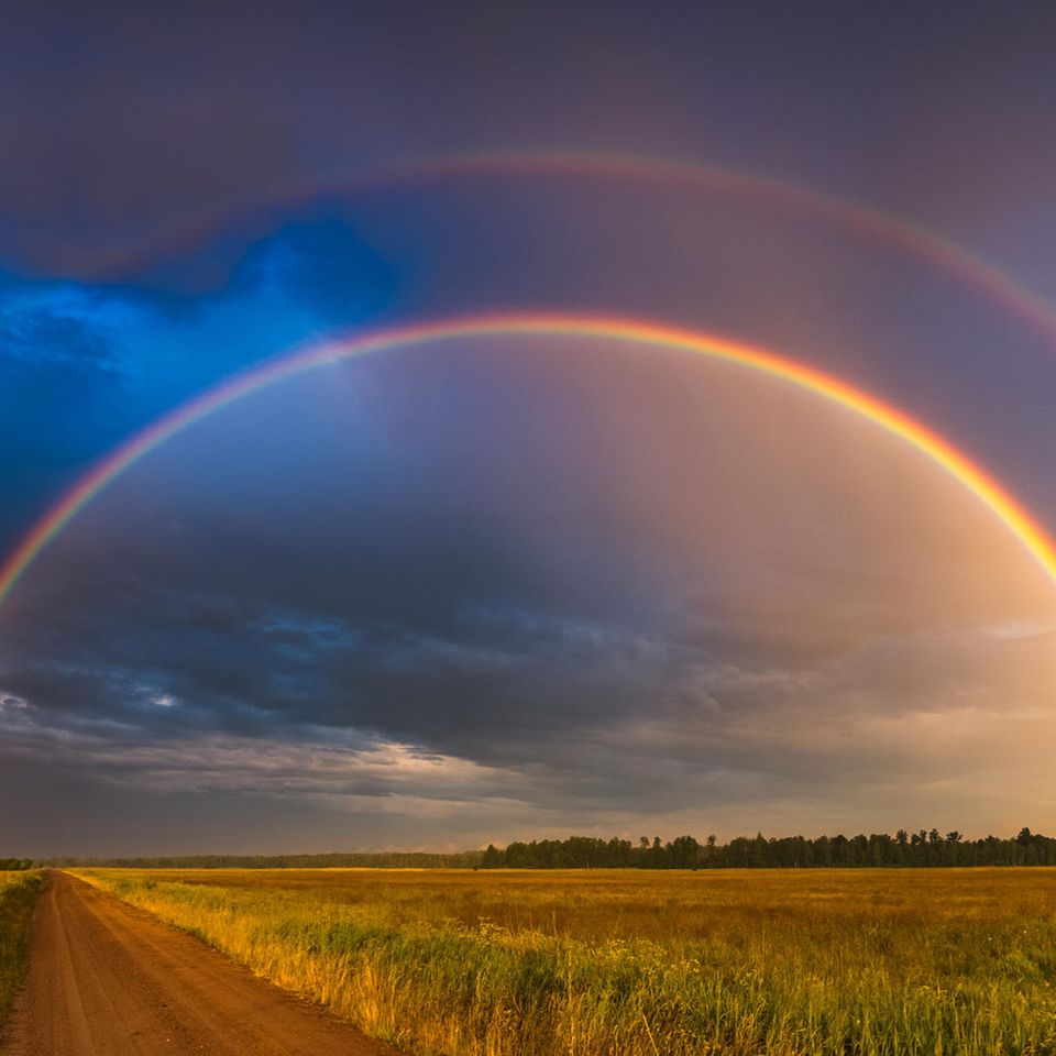 Doppelter Regenbogen über einem Feld zur Frage: Wie entsteht ein Regenbogen?