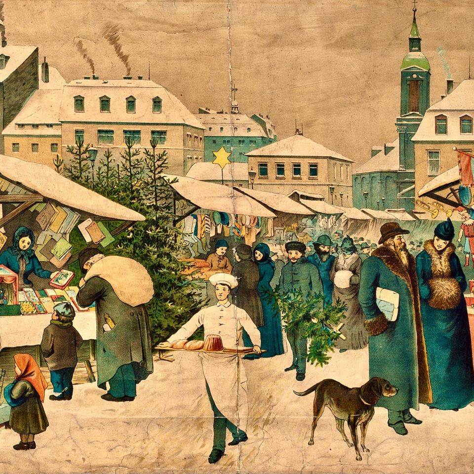 Gebäck, Naschereien und Spielzeug: der gut besuchte Weihnachtsmarkt in Dresden Ende des 19. Jahrhunderts