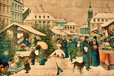 Gebäck, Naschereien und Spielzeug: der gut besuchte Weihnachtsmarkt in Dresden Ende des 19. Jahrhunderts