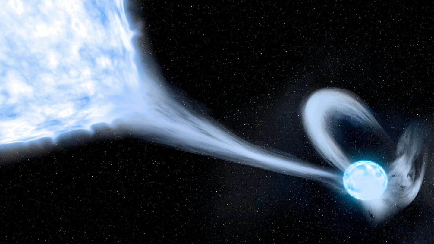 Ein kleiner weißblauer Stern zieht Masse von einem sehr viel größeren Stern ab