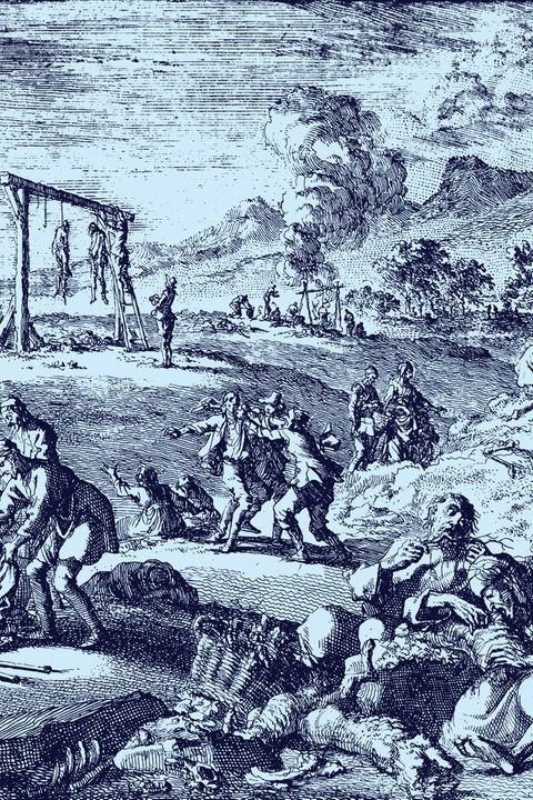 Hungersnöte lassen die Menschen leiden und an teuflischen Zauber glauben. Tatsächlich verursacht eine Klimaabkühlung das Elend (Leichenfleddererei am Oberrhein, 1637)
