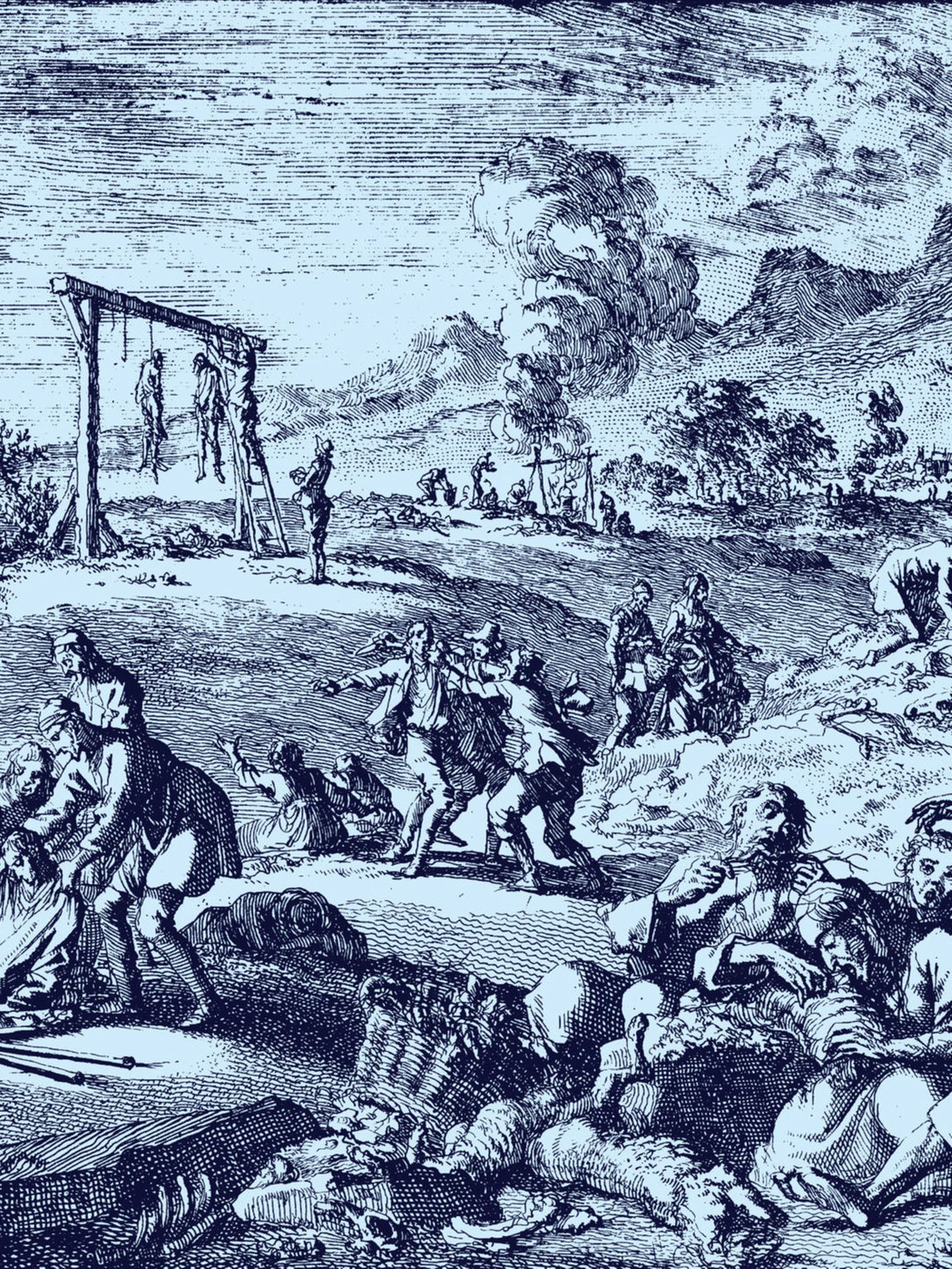 Hungersnöte lassen die Menschen leiden und an teuflischen Zauber glauben. Tatsächlich verursacht eine Klimaabkühlung das Elend (Leichenfleddererei am Oberrhein, 1637)