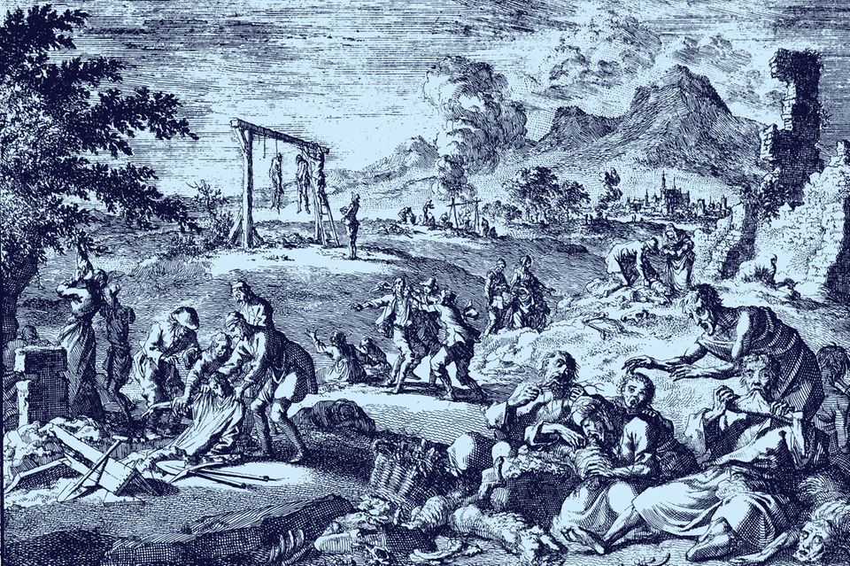 Hungersnöte lassen die Menschen leiden und an teuflischen Zauber glauben. Tatsächlich verursacht eine Klimaabkühlung das Elend (Leichenfleddererei am Oberrhein, 1637)