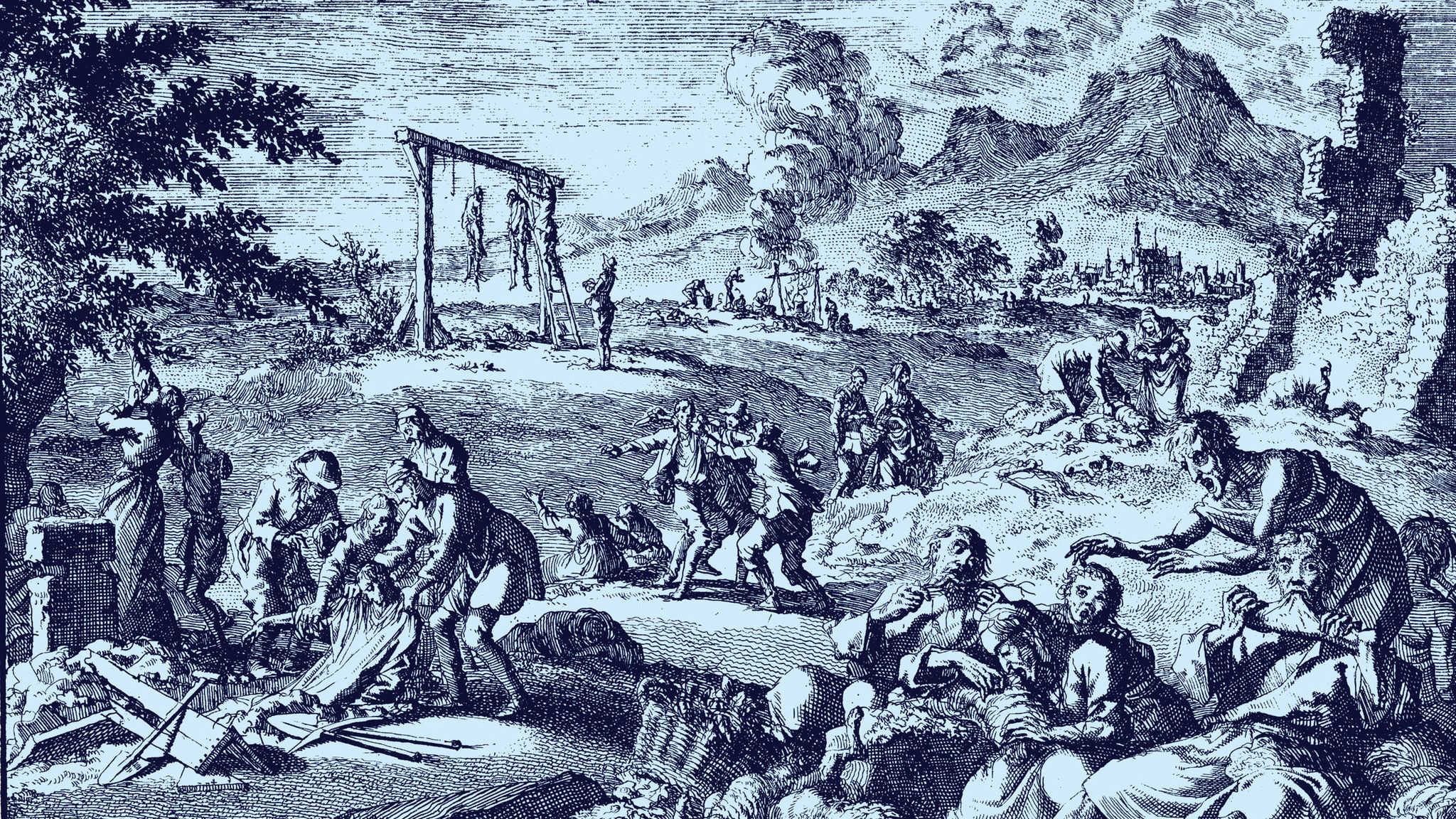 Hungersnöte lassen die Menschen leiden und an teuflischen Zauber glauben. Tatsächlich verursacht eine Klimaabkühlung das Elend (Leichenfleddererei am Oberrhein, 1637)